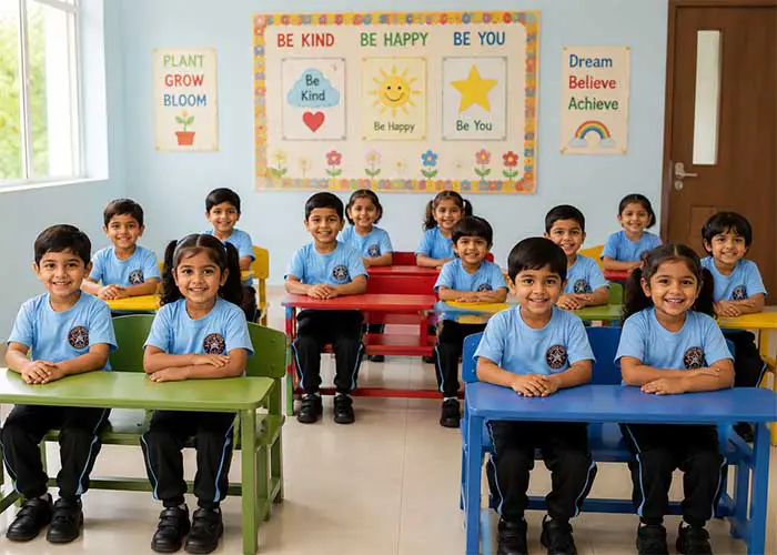 LKG students developing reading writing and mathematics skills at kindergarten school